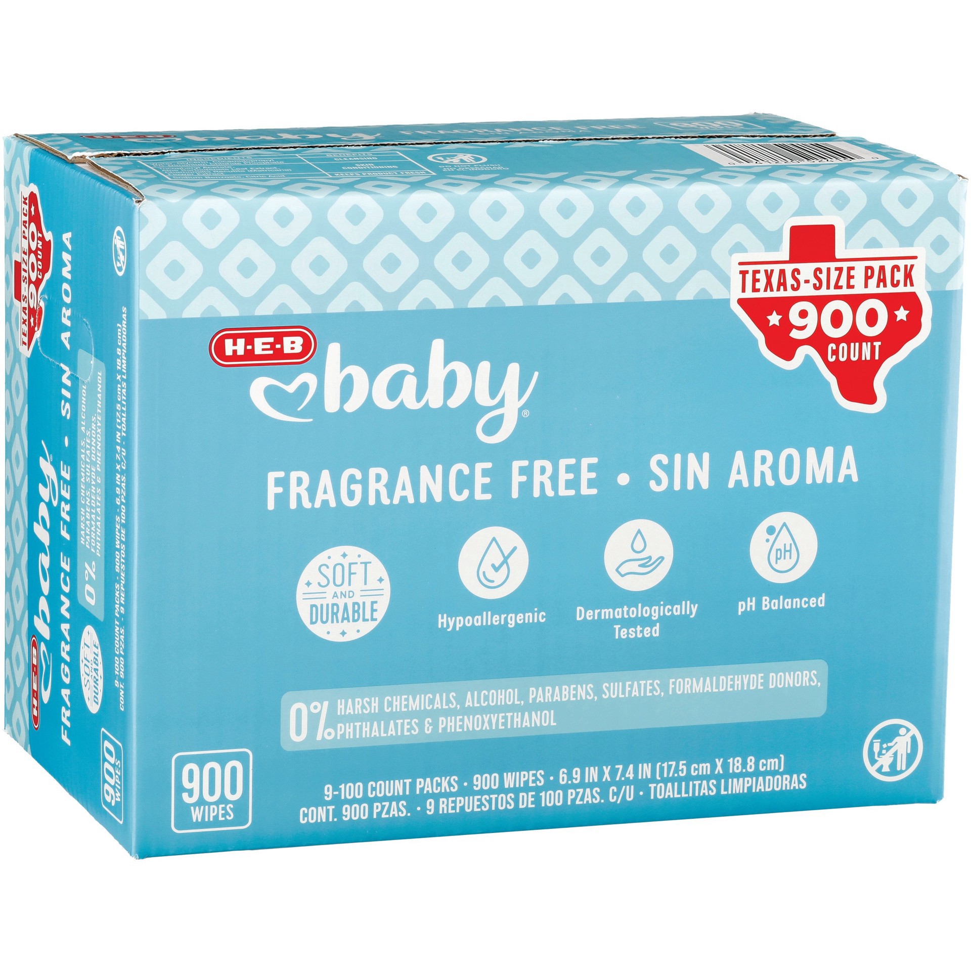 slide 1 of 1, H-E-B Baby Fragrance Free Wipes - Texas-Size Pack, 900 ct