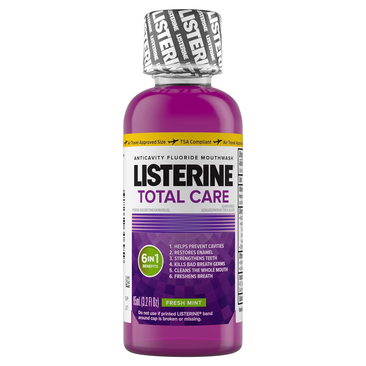 slide 6 of 11, Listerine Total Care Anticavity Fluoride Mouthwash, 6 Benefit Oral Rinse Kills 99% of Bad Breath Germs, Prevents Cavities, Strengthens Enamel, ADA-Accepted, Fresh Mint, Travel Size, 95 mL, 95 ml