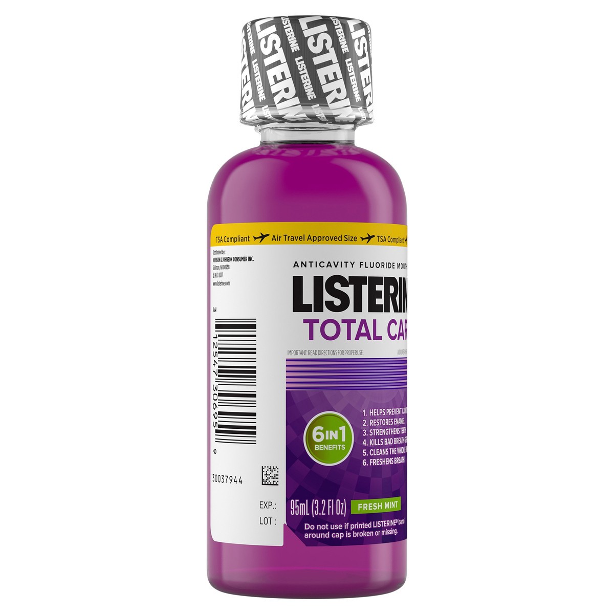 slide 7 of 11, Listerine Total Care Anticavity Fluoride Mouthwash, 6 Benefit Oral Rinse Kills 99% of Bad Breath Germs, Prevents Cavities, Strengthens Enamel, ADA-Accepted, Fresh Mint, Travel Size, 95 mL, 95 ml