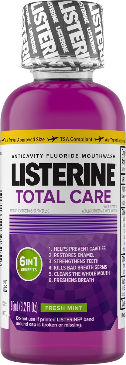 slide 4 of 11, Listerine Total Care Anticavity Fluoride Mouthwash, 6 Benefit Oral Rinse Kills 99% of Bad Breath Germs, Prevents Cavities, Strengthens Enamel, ADA-Accepted, Fresh Mint, Travel Size, 95 mL, 95 ml