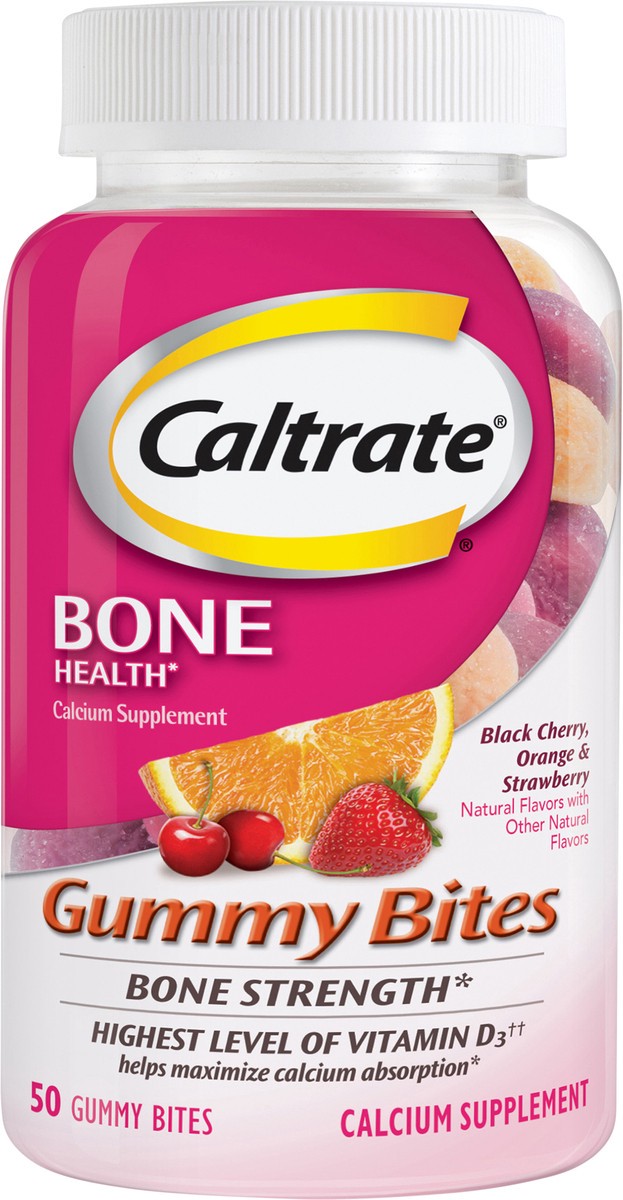 slide 4 of 7, Caltrate Gummy Bites 500 mg Calcium and Vitamin D Supplement, Black Cherry, Strawberry, Orange - 50 Count, 50 ct