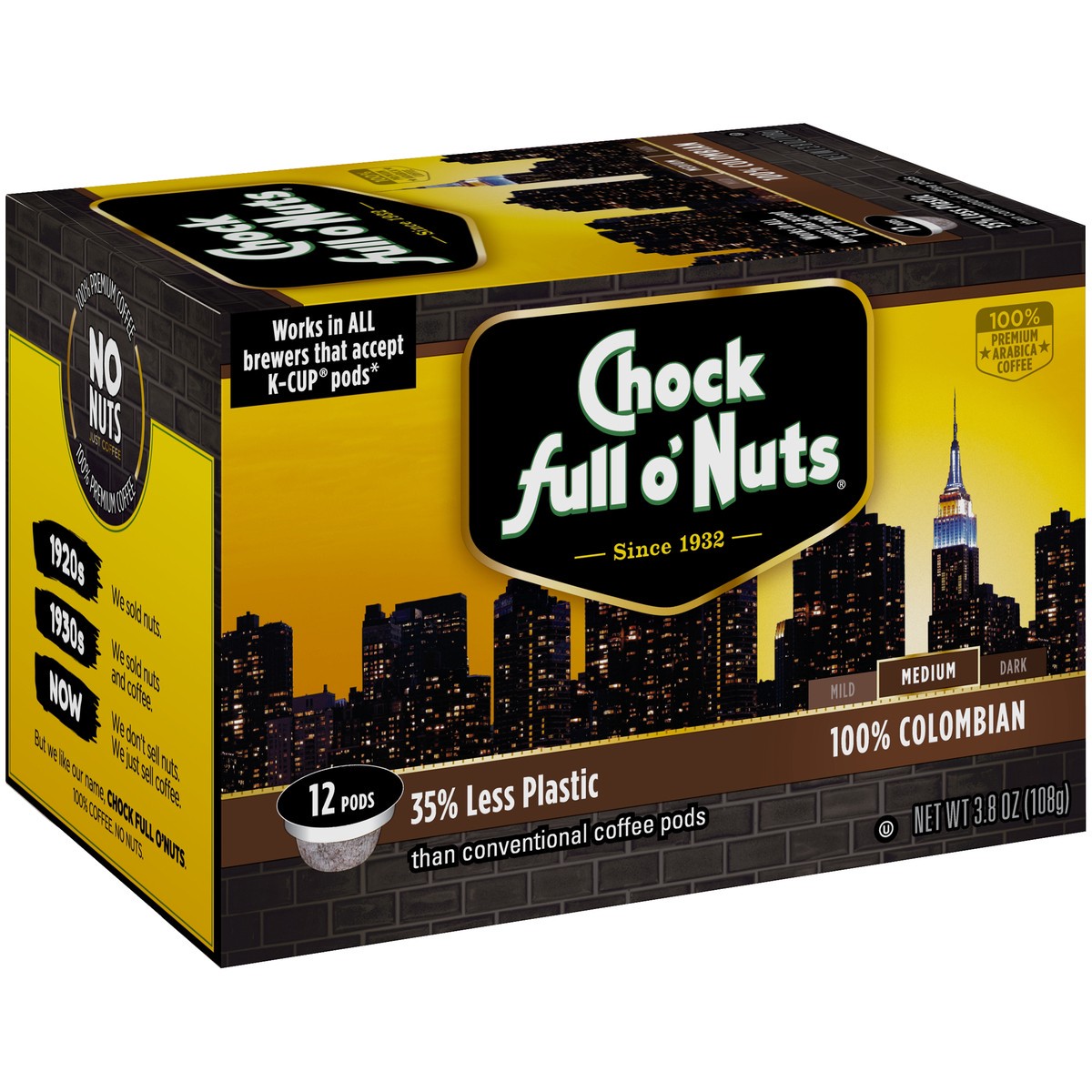 slide 2 of 9, Chock Full O' Nuts 100% Colombian Medium Roast Coffee Single Serve Pods, 12 ct; 3.8 oz