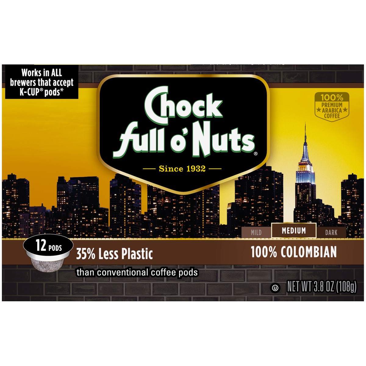 slide 5 of 9, Chock Full O' Nuts 100% Colombian Medium Roast Coffee Single Serve Pods, 12 ct; 3.8 oz