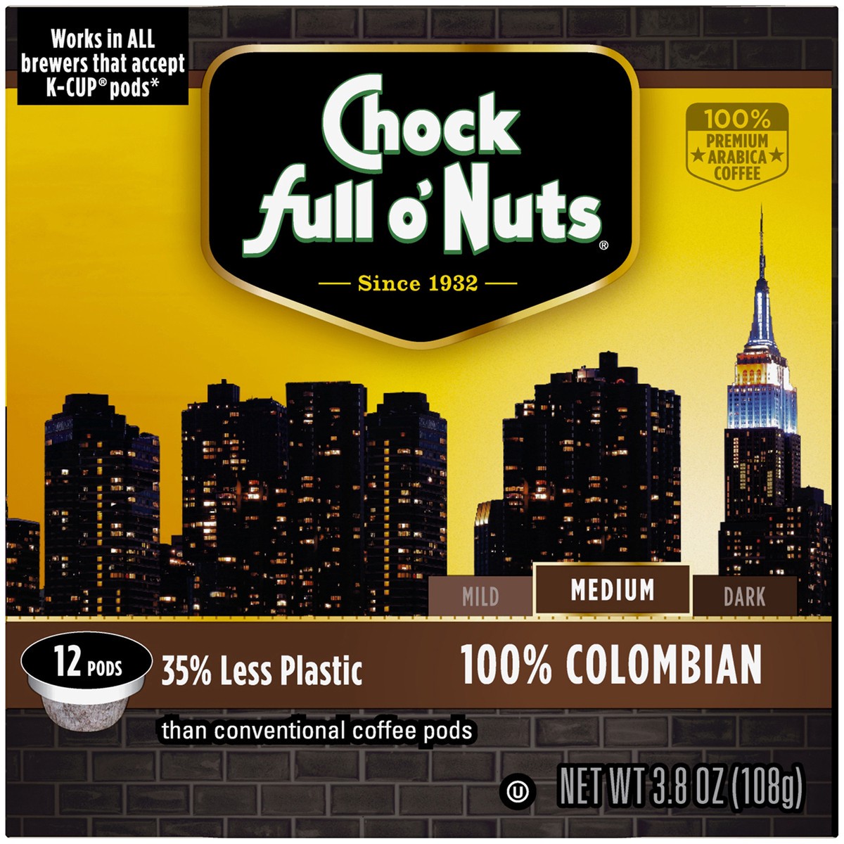 slide 7 of 9, Chock Full O' Nuts 100% Colombian Medium Roast Coffee Single Serve Pods, 12 ct; 3.8 oz