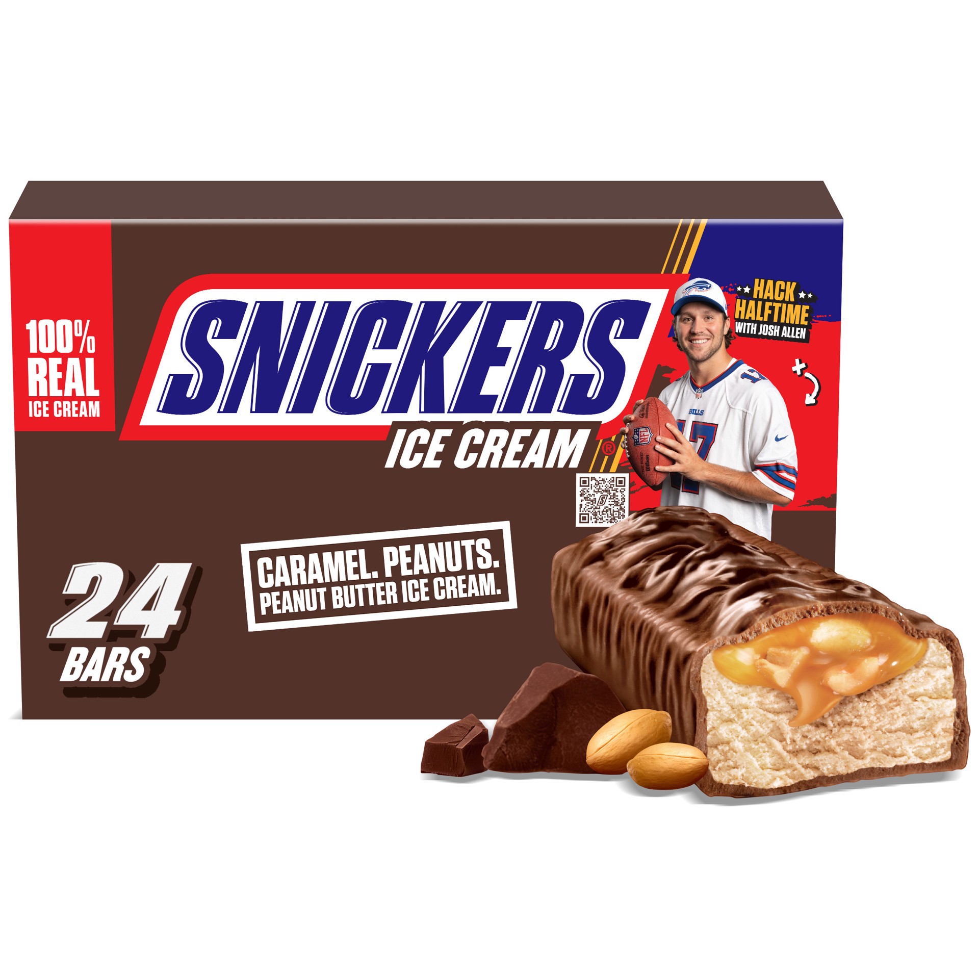 slide 1 of 4, SNICKERS Ice Cream, Chocolatey Caramel Peanut Butter Ice Cream Bars Individually Wrapped Dessert Bulk, 24 Pack, 2 Oz Bars, 48 oz