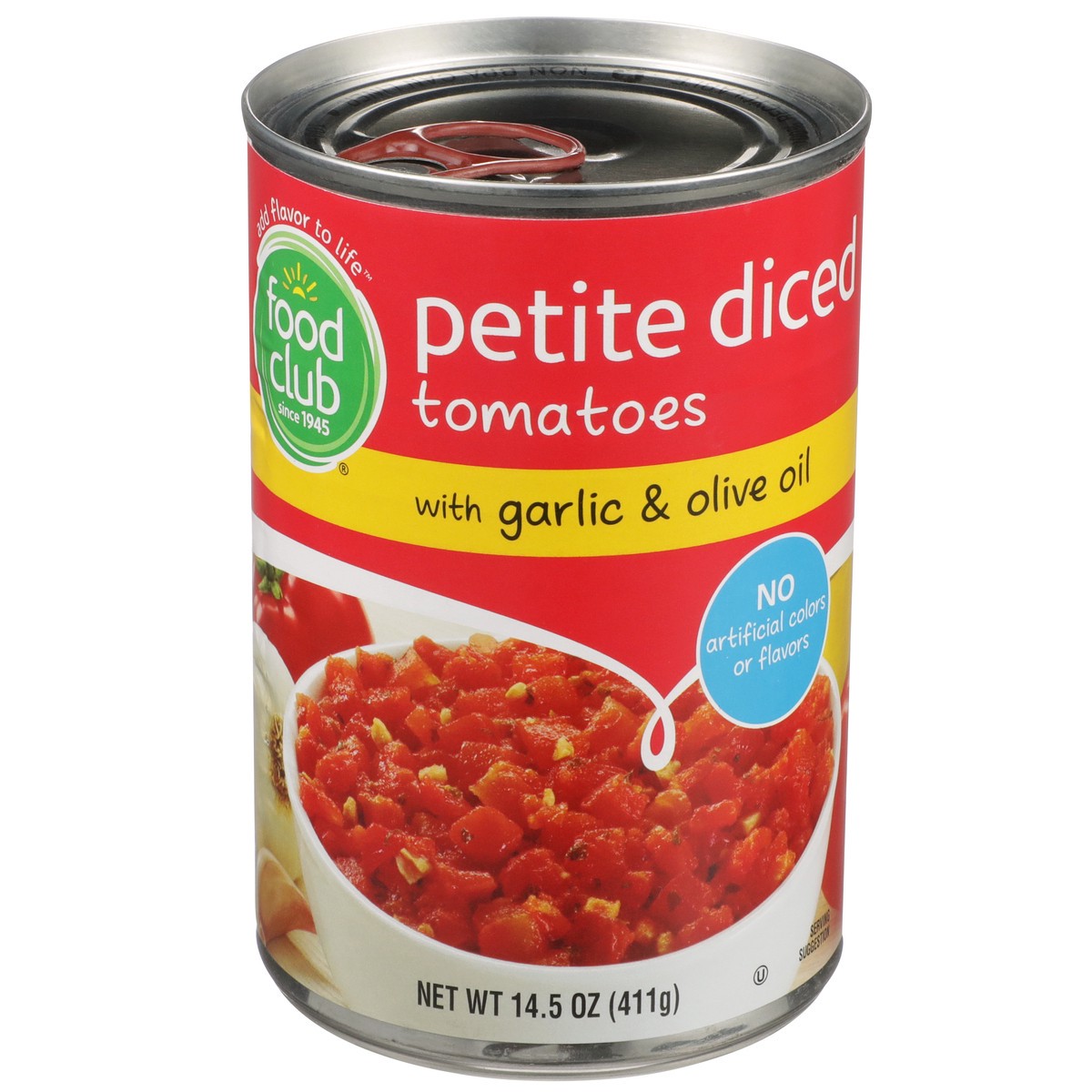 slide 1 of 9, Food Club Petite Diced Tomatoes With Garlic & Olive Oil, 14.5 oz