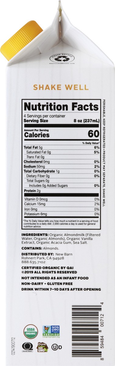 slide 4 of 11, New Barn Organics Unsweetened Vanilla Almondmilk 32 fl oz, 32 fl oz