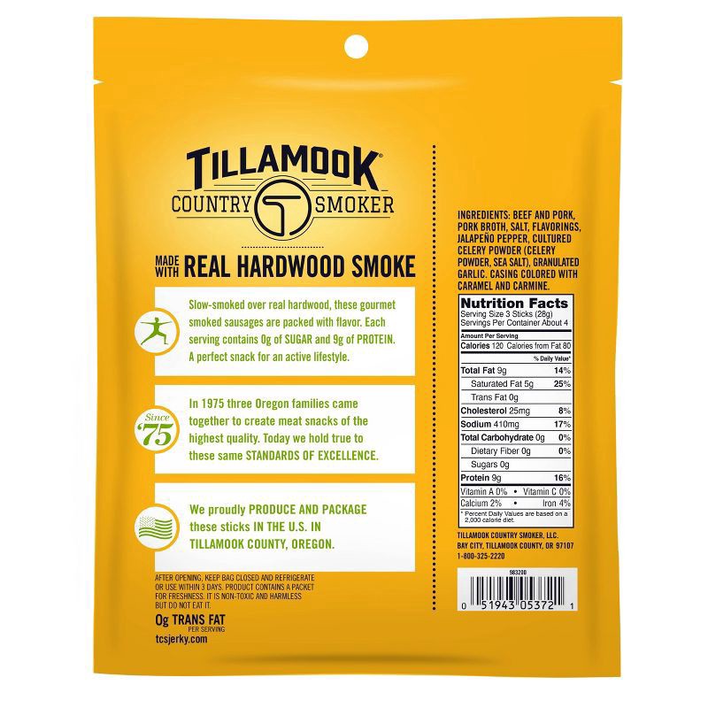 slide 2 of 2, Tillamook Country Smoker Zero Sugar Spicy Jalapeno Smoked Sausages, 4 oz