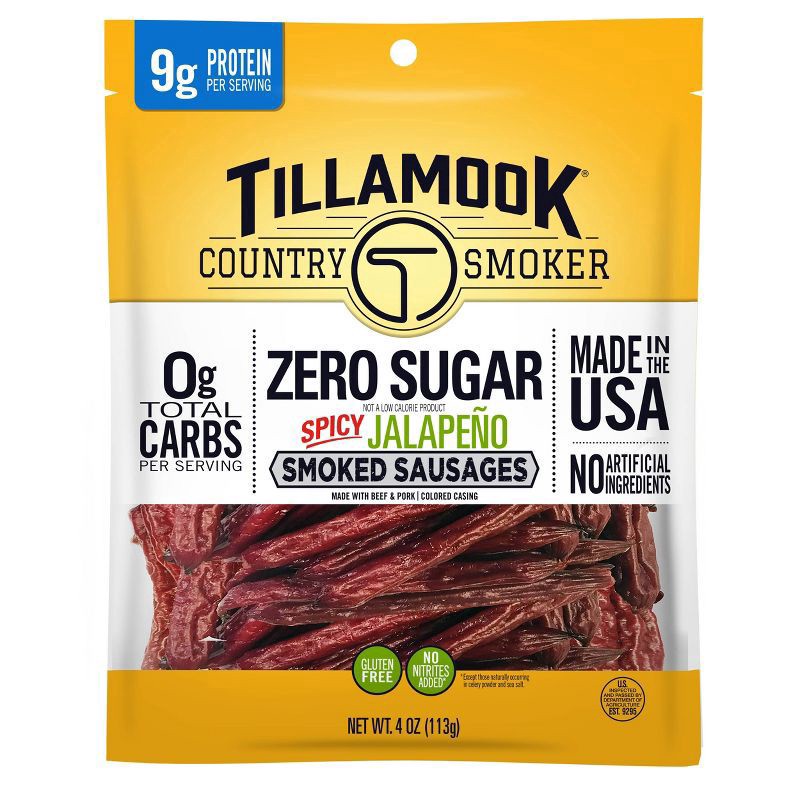 slide 1 of 2, Tillamook Country Smoker Zero Sugar Spicy Jalapeno Smoked Sausages, 4 oz