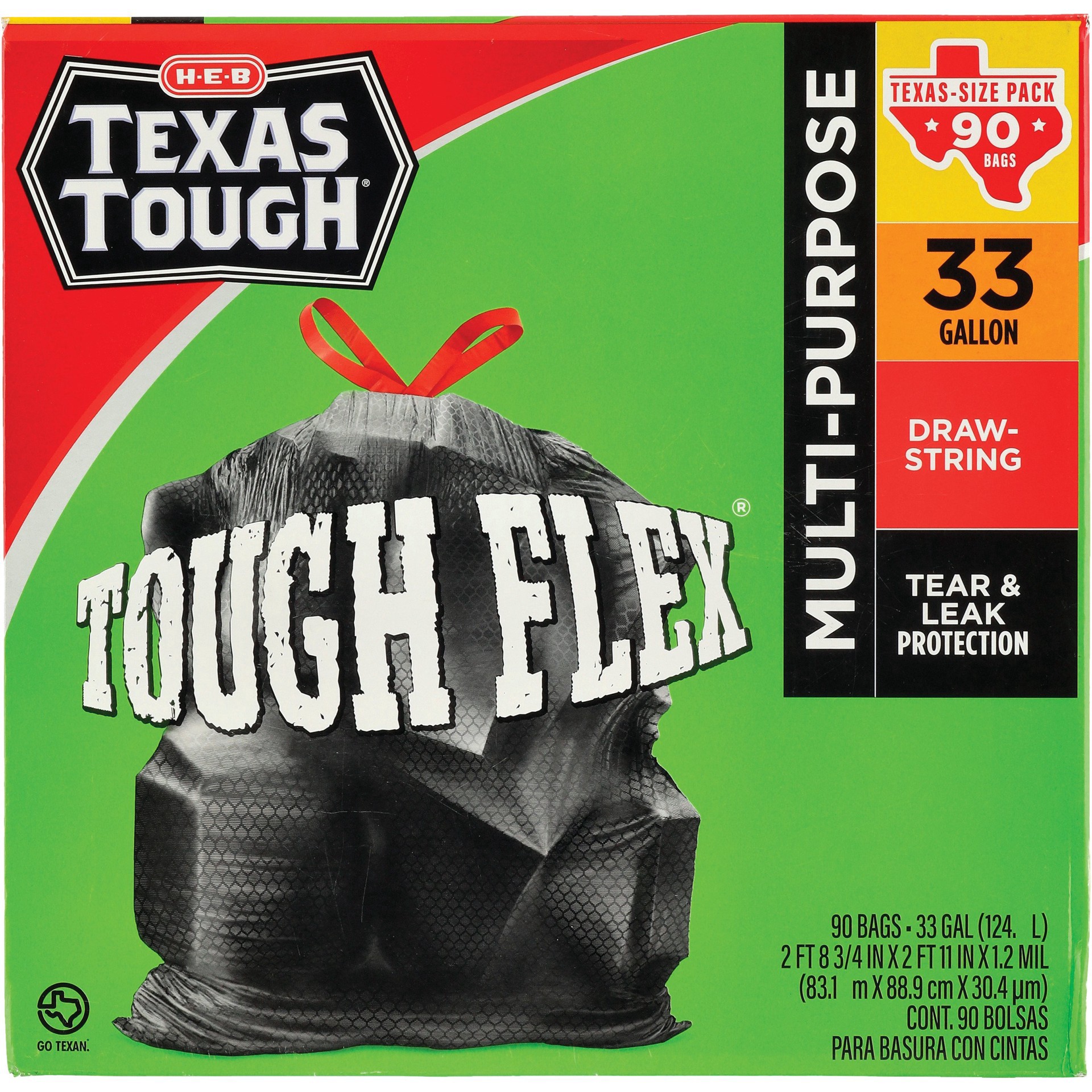 slide 1 of 1, H-E-B Texas Tough Flex Drawstring 33 Gallon Trash Bags, 90 ct