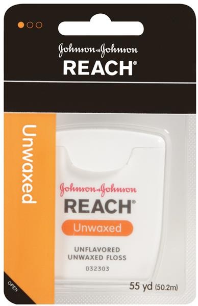 slide 1 of 1, REACH Johnson & Johnson REACH Unflavored Unwaxed Floss 55 Yd, 55 yd