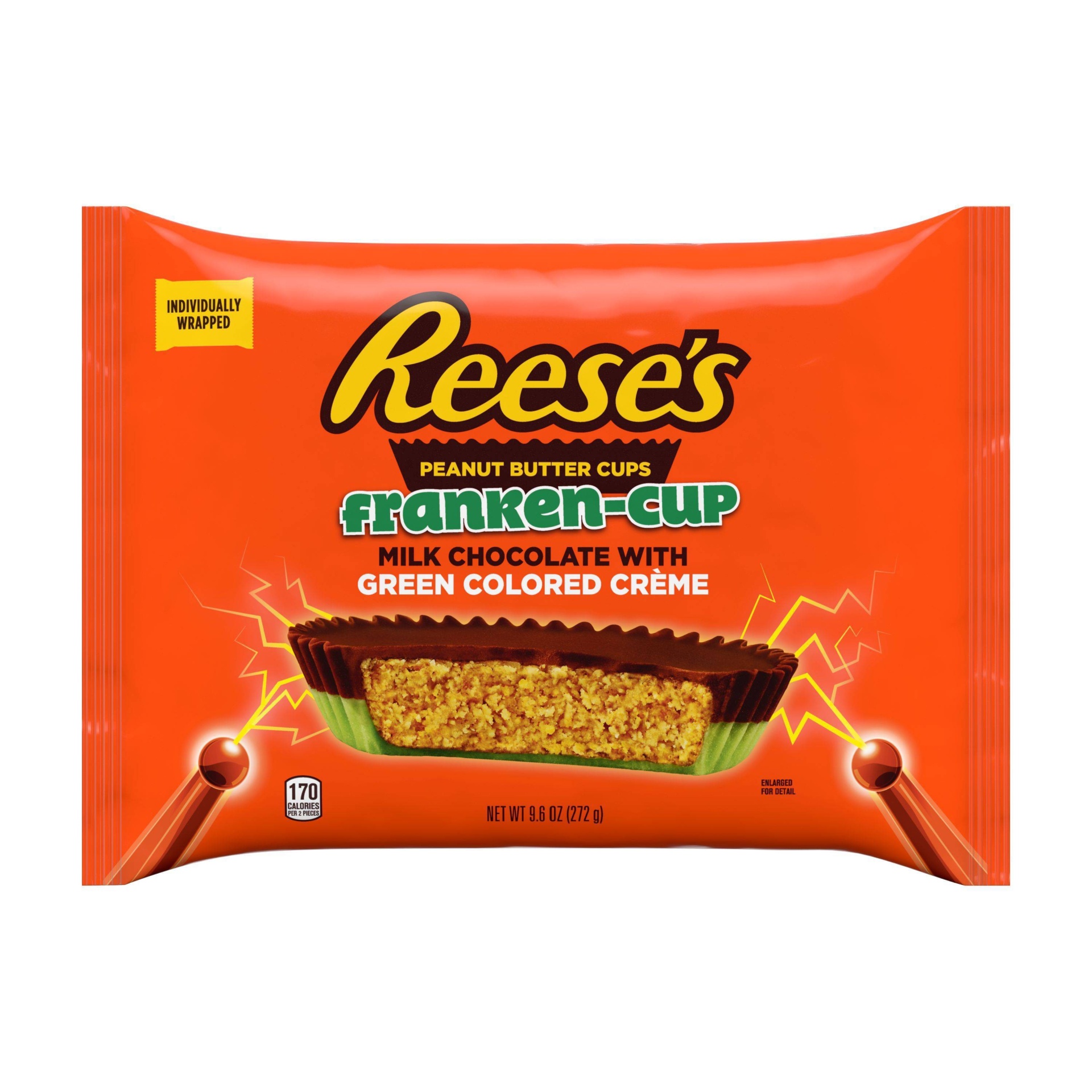 slide 1 of 1, Reese's Peanut Butter Cups Franken-Cups Halloween Candy, Milk Chocolate with Green Colored Crème, 9.6 oz