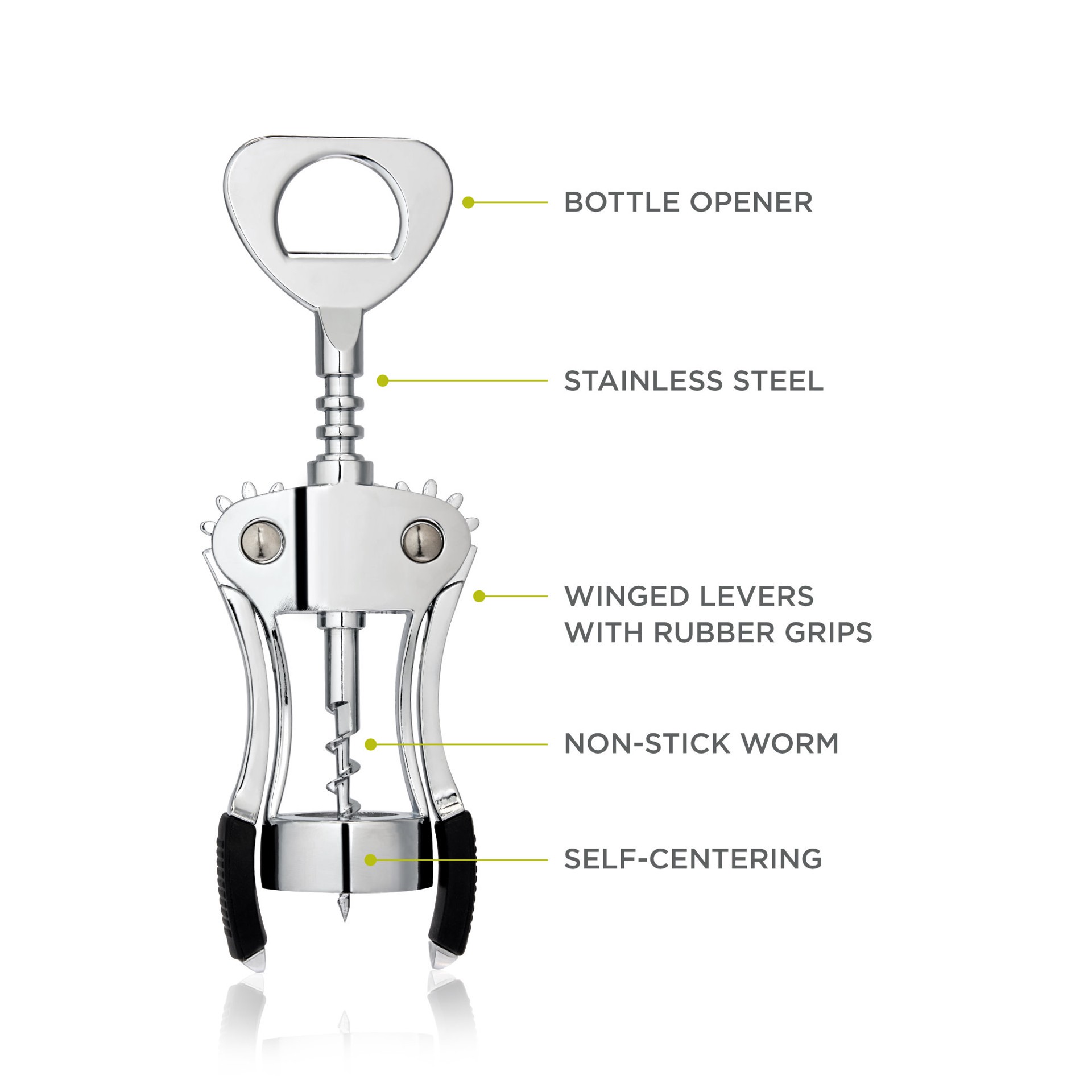 slide 2 of 5, True Spiral Winged Corkscrew, Self Centering Worm, Bottle Opener, Rubber Grip Arms, 1 ct