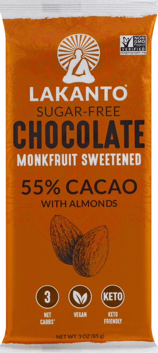 slide 1 of 9, Lakanto Monkfruit Sugar Free Chocolate Bar With Almonds, 3 oz