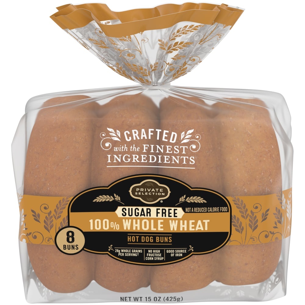 slide 1 of 1, Private Selection Sugar Free 100% Whole Wheat Hot Dog Buns 8 Count, 15 oz