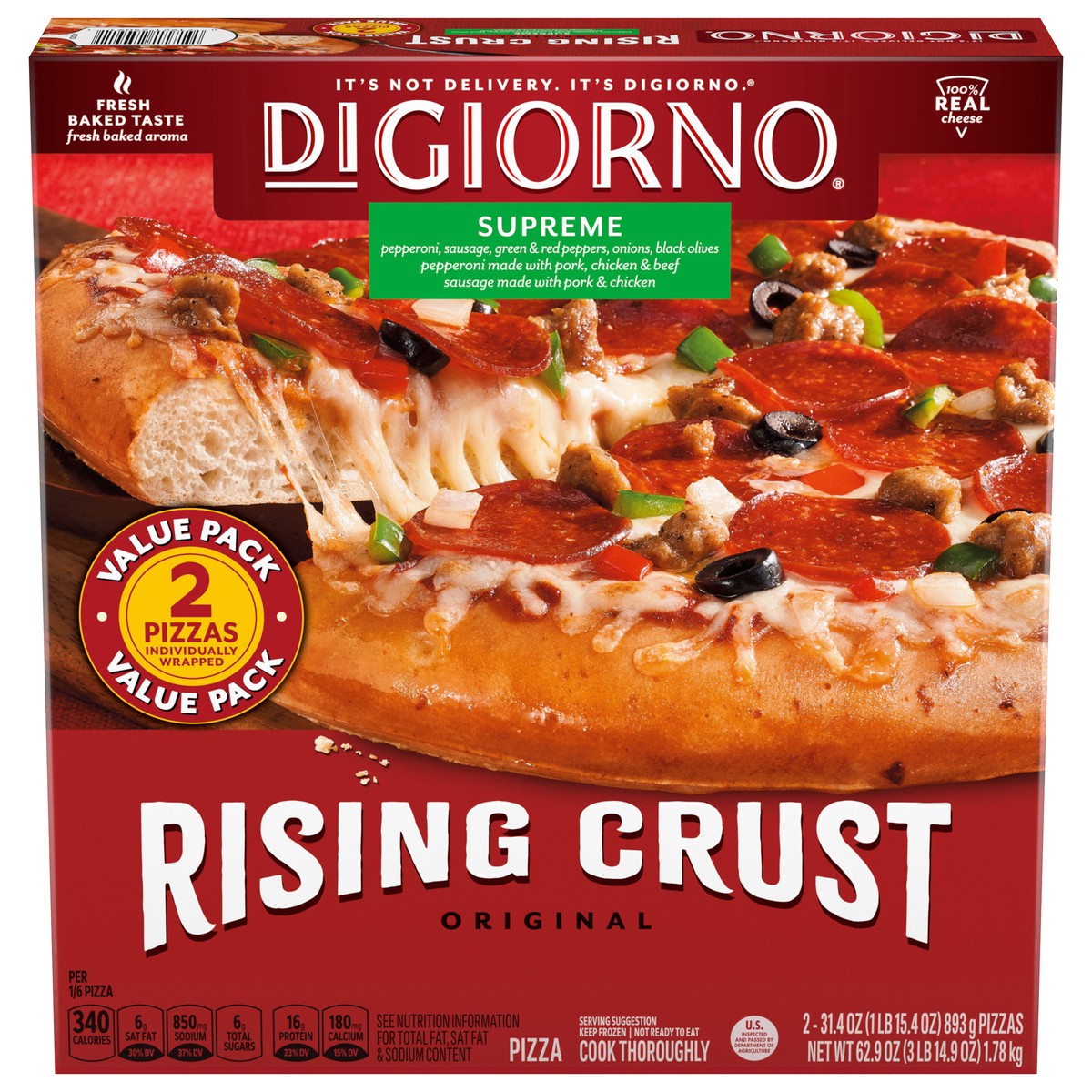 slide 1 of 2, DiGiorno Supreme Frozen Pizza on a Rising Crust, 2 Count, 62.90 oz