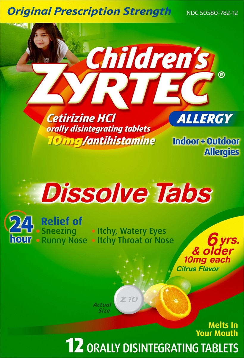 slide 6 of 7, Children's Zyrtec 24 Hour Dissolving Allergy Relief Tablets with 10 mg Children's Cetirizine Hydrochloride, Citrus Flavored Dissolvable Allergy Tablets with Antihistamine for Kids, 12 ct, 12 ct