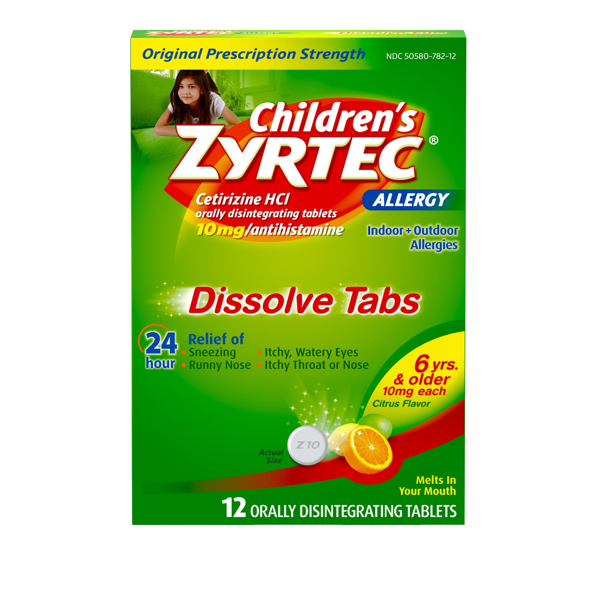 slide 1 of 7, Children's Zyrtec 24 Hour Dissolving Allergy Relief Tablets with 10 mg Children's Cetirizine Hydrochloride, Citrus Flavored Dissolvable Allergy Tablets with Antihistamine for Kids, 12 ct, 12 ct