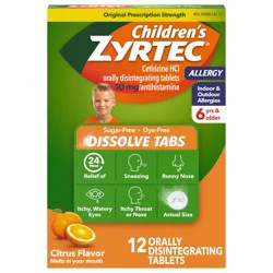 Children's Zyrtec 24 Hr Allergy Relief Dissolve Tablets, Citrus, 12 ct