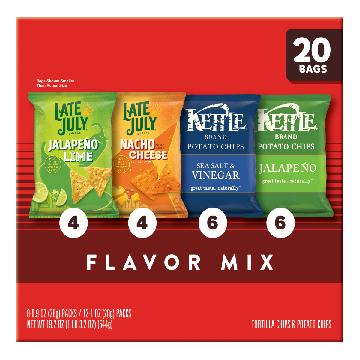 slide 1 of 4, Kettle Brand and Late July Snacks Mix Variety Pack, 20 Count Snack Bags, 19.2 oz