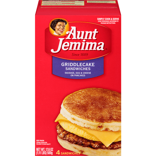 slide 1 of 1, Aunt Jemima Sausage, Egg & Cheese on Pancakes Griddlecake Sandwiches, 17.6 oz