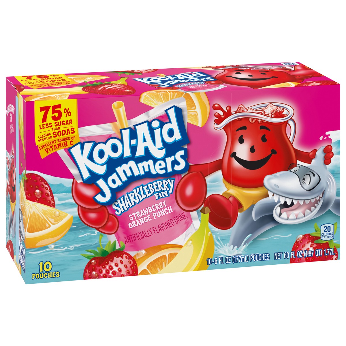 slide 2 of 9, Kool-Aid Jammers Sharkleberry Fin Strawberry Orange Punch Flavored 0% Juice Drink, 10 ct Box, 6 fl oz Pouches, 10 ct