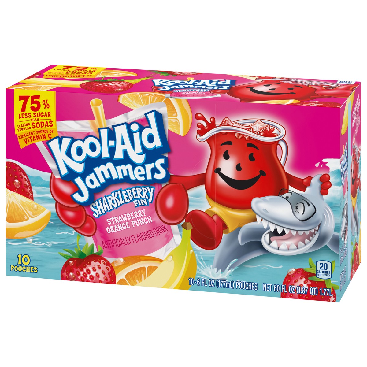 slide 3 of 9, Kool-Aid Jammers Sharkleberry Fin Strawberry Orange Punch Flavored 0% Juice Drink, 10 ct Box, 6 fl oz Pouches, 10 ct