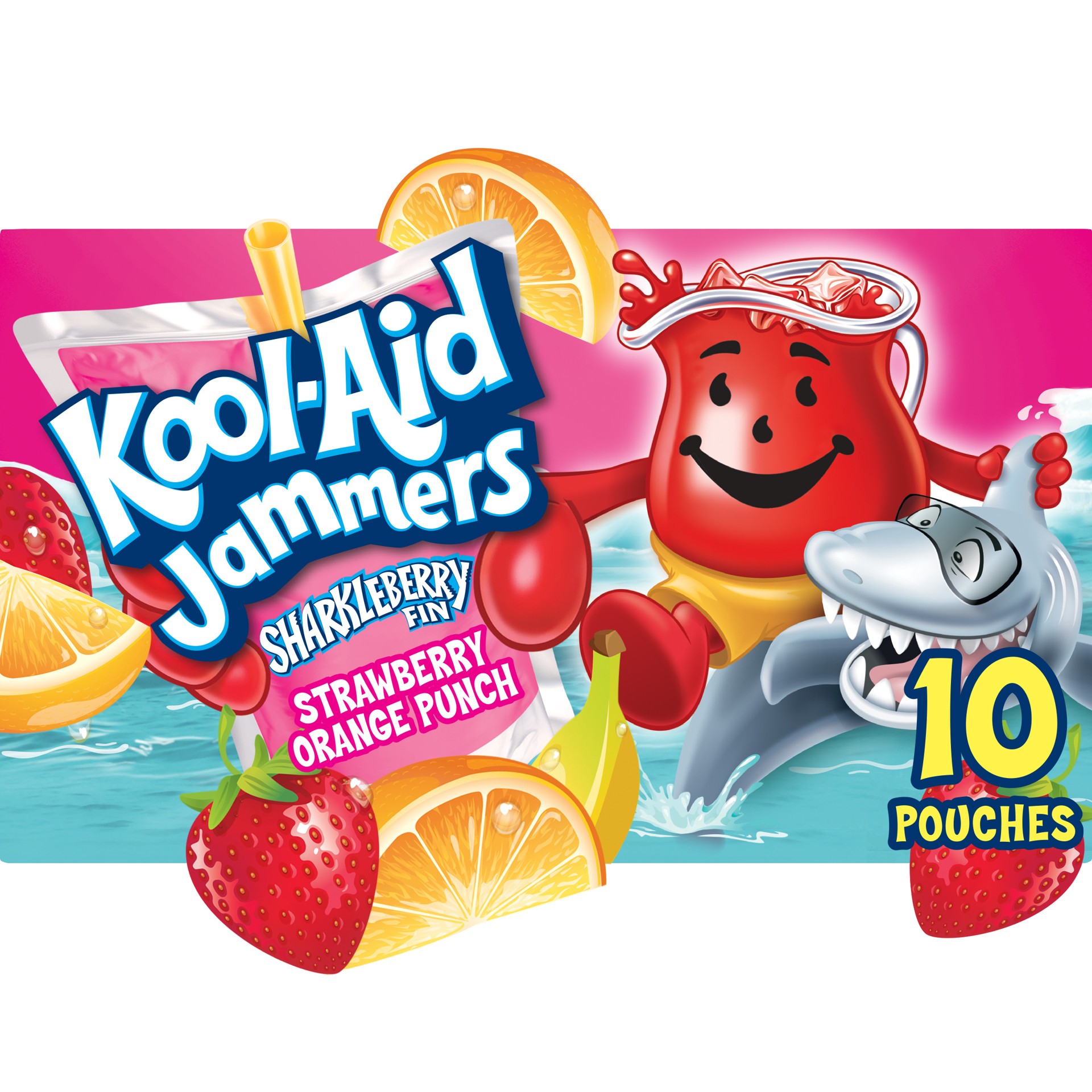 slide 1 of 3, Kool-Aid Jammers Sharkleberry Fin Strawberry Orange Punch Artificially Flavored Soft Drink Pouches, 60 fl oz