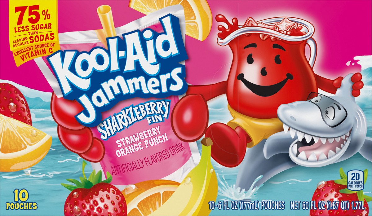 slide 6 of 9, Kool-Aid Jammers Sharkleberry Fin Strawberry Orange Punch Flavored 0% Juice Drink, 10 ct Box, 6 fl oz Pouches, 10 ct