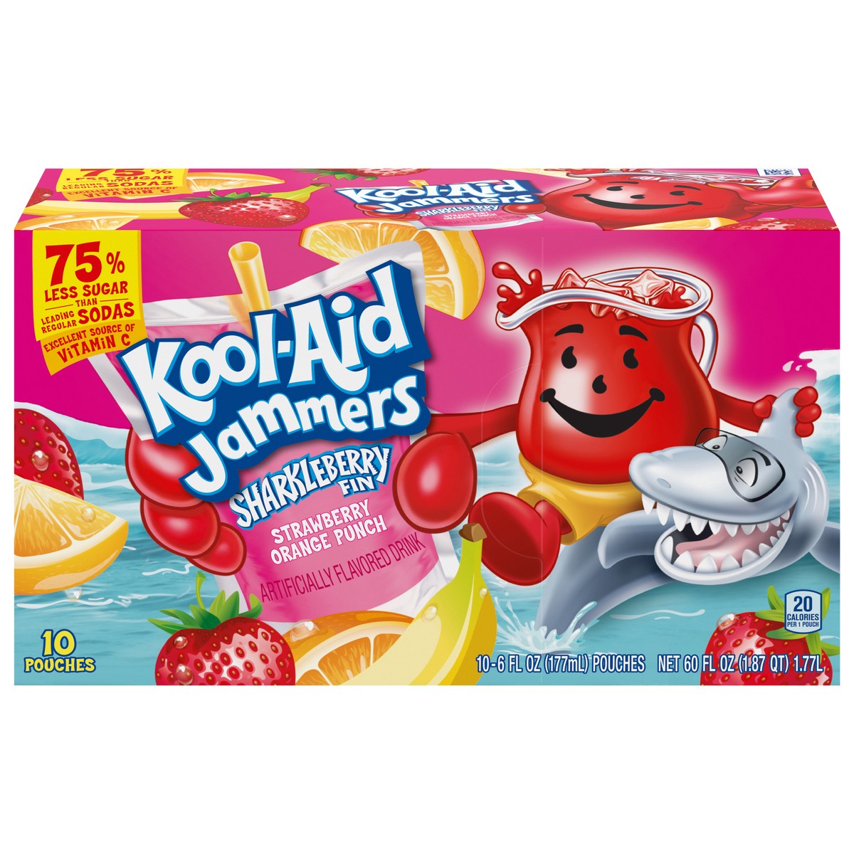 slide 1 of 9, Kool-Aid Jammers Sharkleberry Fin Strawberry Orange Punch Flavored 0% Juice Drink, 10 ct Box, 6 fl oz Pouches, 10 ct
