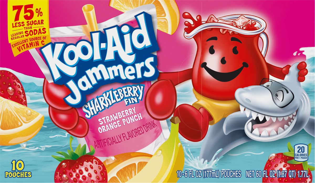 slide 1 of 9, Kool-Aid Jammers Sharkleberry Fin Strawberry Orange Punch Flavored Drink, 10 ct Box, 6 fl oz Pouches, 10 ct