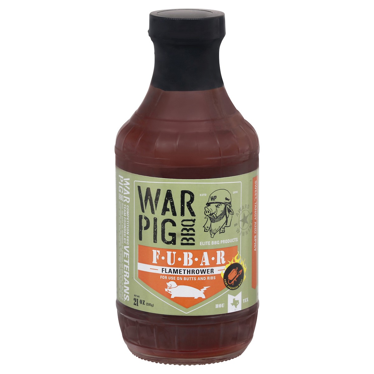 slide 1 of 9, WarPig BBQ Sweet Tangy And Spicy Sauce 21 oz Bottle, 21 oz