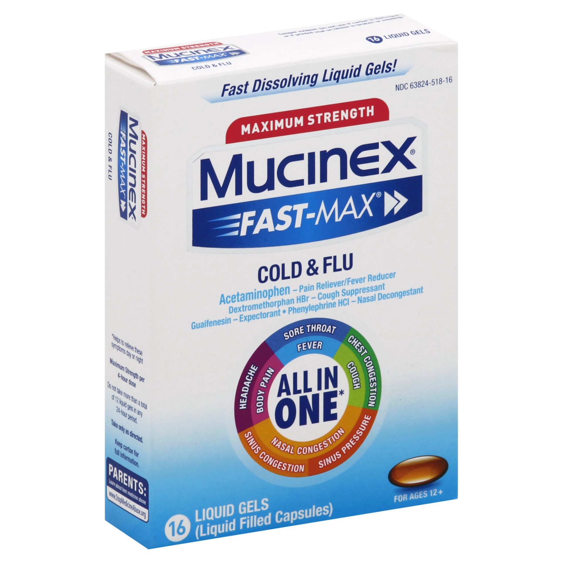 slide 1 of 2, Mucinex Maximum Strength Mucinex Fast-Max Cold & Flu All-In-One Liquid Gels, 16ct (Packaging May Vary), 16 ct
