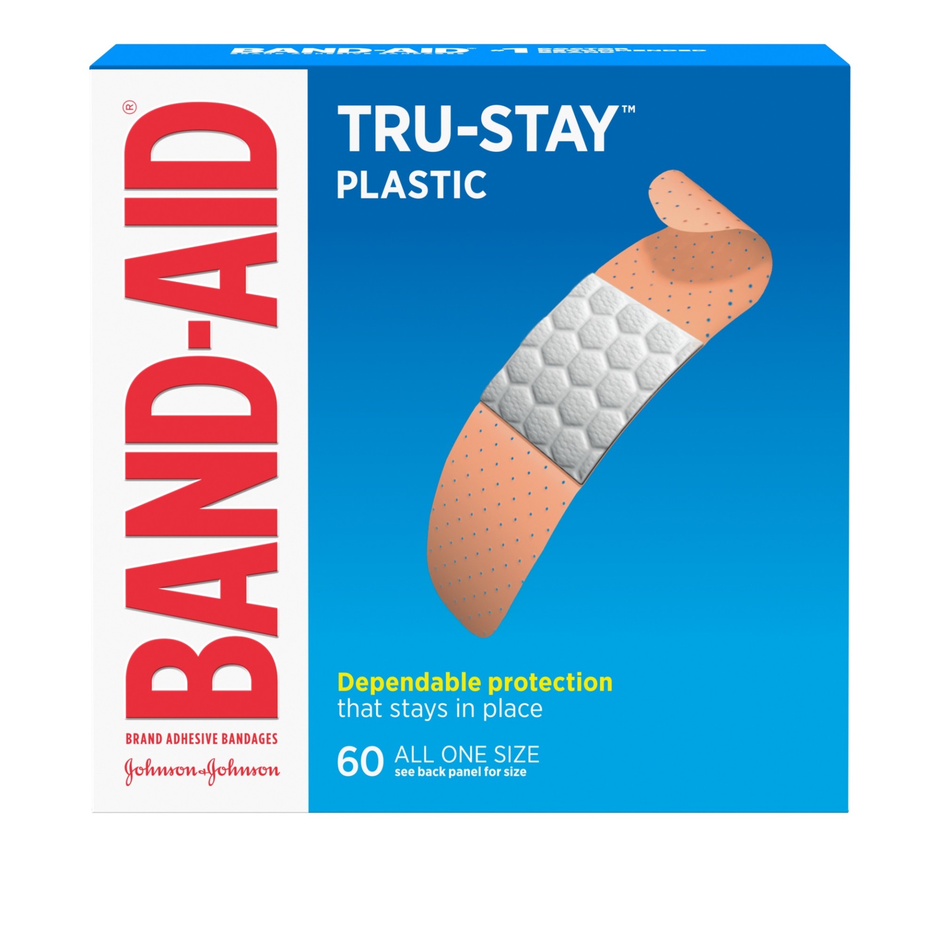 slide 1 of 1, Band-Aid Brand Tru-Stay Plastic Strips Adhesive Bandages for Wound Care and First Aid, All One Size, 60 ct