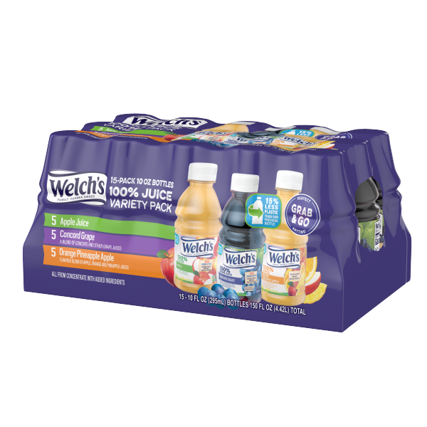 slide 7 of 12, Welch's 100% Juice Variety Pack, Grape / Apple / Orange Pineapple Apple, 10 fl oz On-the-Go Bottle (Pack of 15), 15 ct