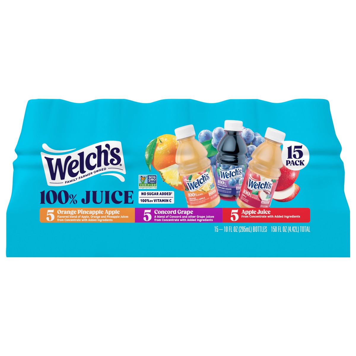 slide 1 of 12, Welch's 100% Juice Variety Pack, Grape / Apple / Orange Pineapple Apple, 10 fl oz On-the-Go Bottle (Pack of 15), 15 ct