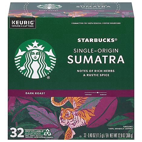 slide 1 of 1, Starbucks K-cups Dark Roast Ground Sumatra Coffee 32ct Coffee Pods 12.9oz Box - 32 CT, 32 ct