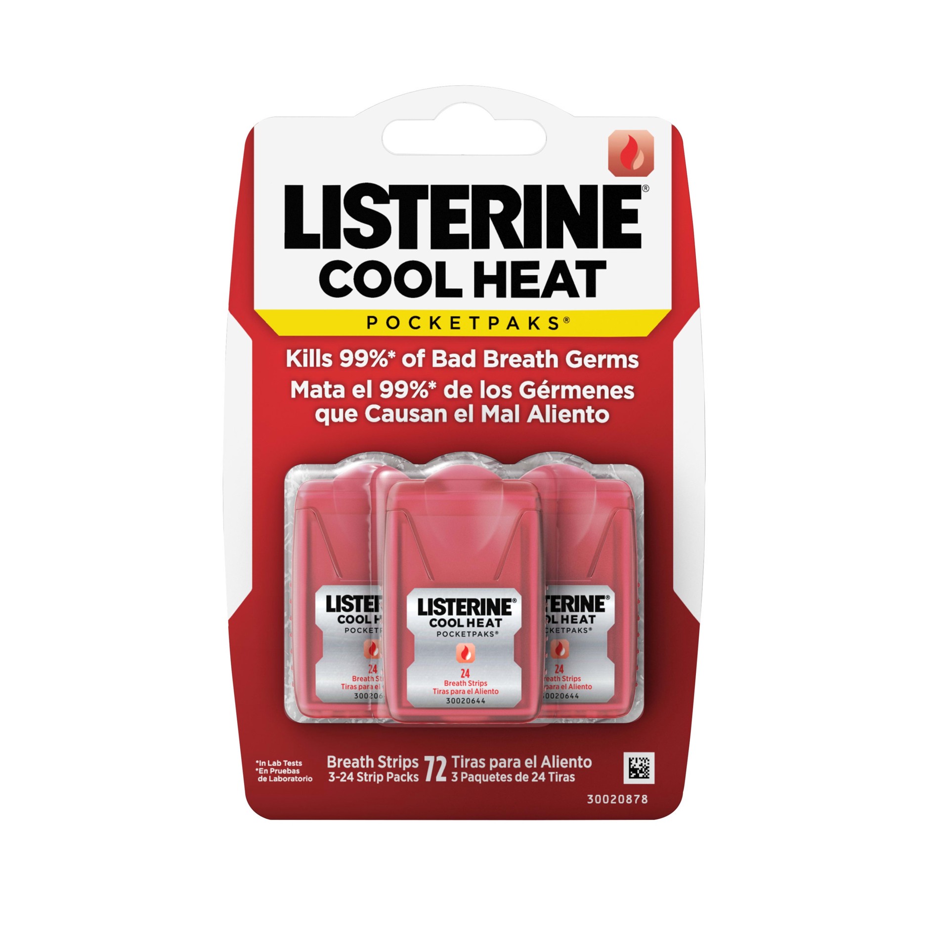 slide 2 of 5, Listerine Cool Heat Pocketpaks Breath Strips for Oral Care, Kills Bad Breath Germs to Freshen Breath, Cinnamon Flavor, 24-Strip Pack, 3 Pack, 72 ct