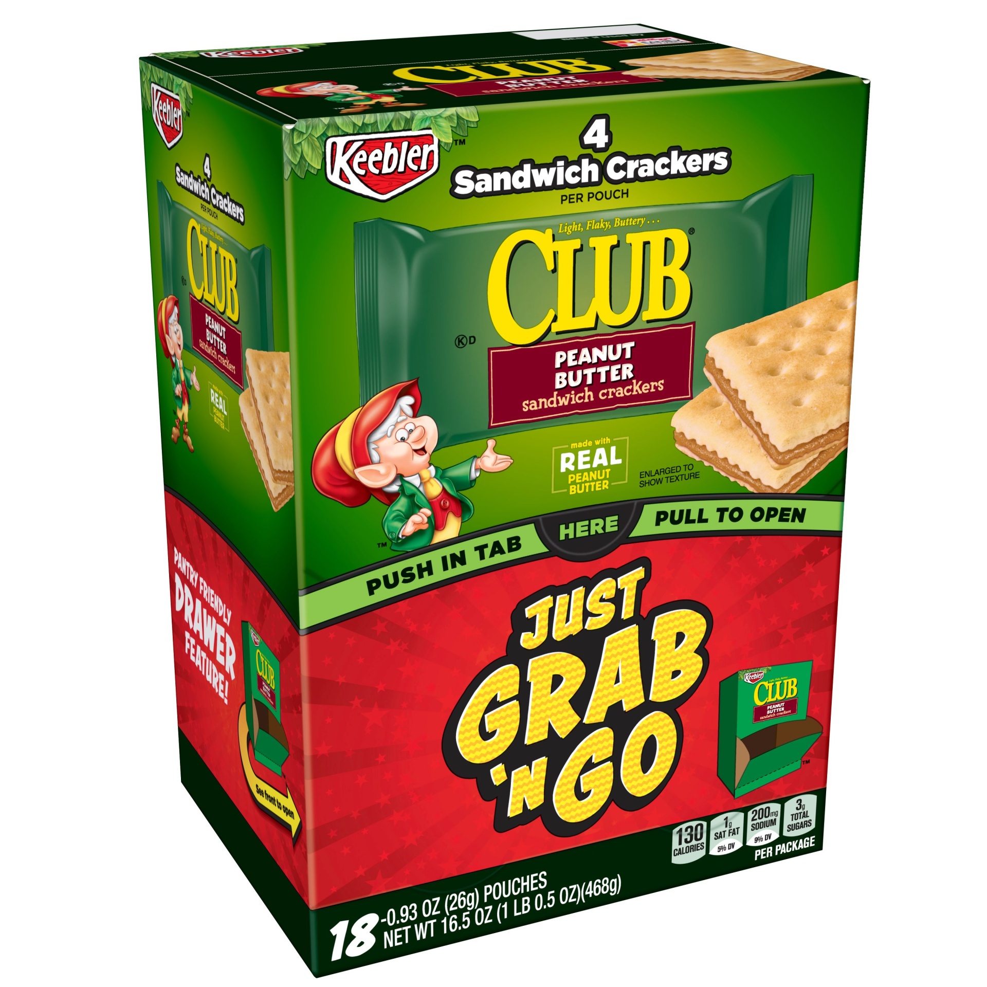 slide 1 of 7, Keebler Club Just Grab 'N Go Peanut Butter Sandwich Crackers, 18 ct