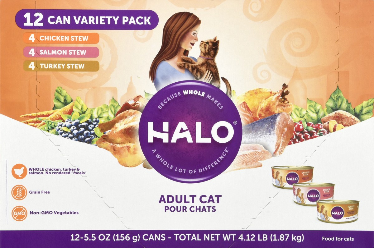 slide 1 of 9, Halo Variety Pack Adult Cat Food 12 ea, 5.5 oz