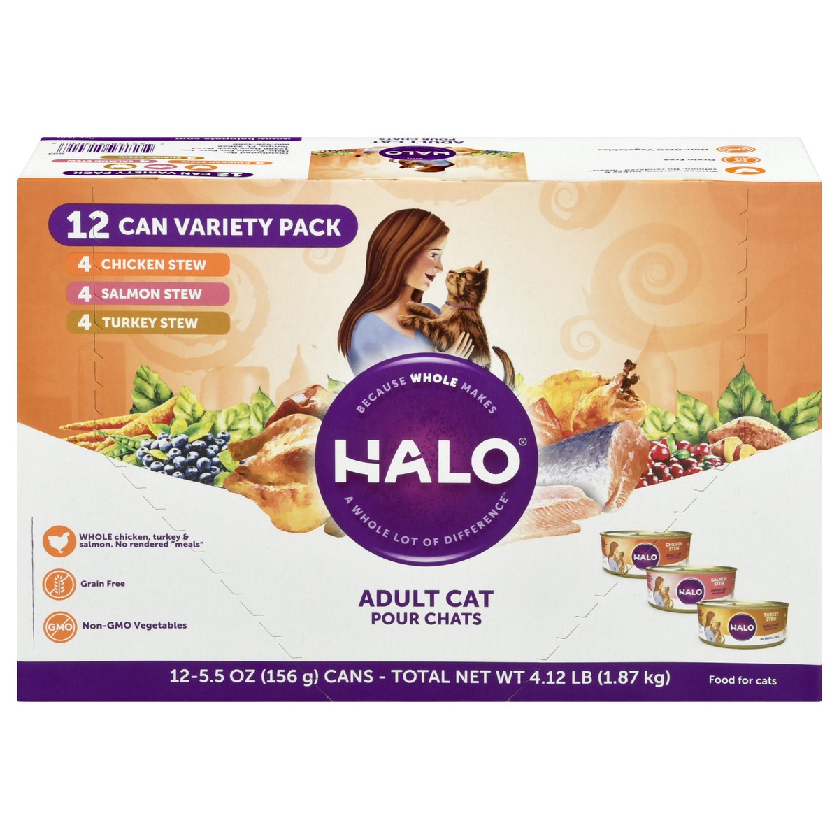 slide 1 of 9, Halo Variety Pack Adult Cat Food 12 ea, 5.5 oz