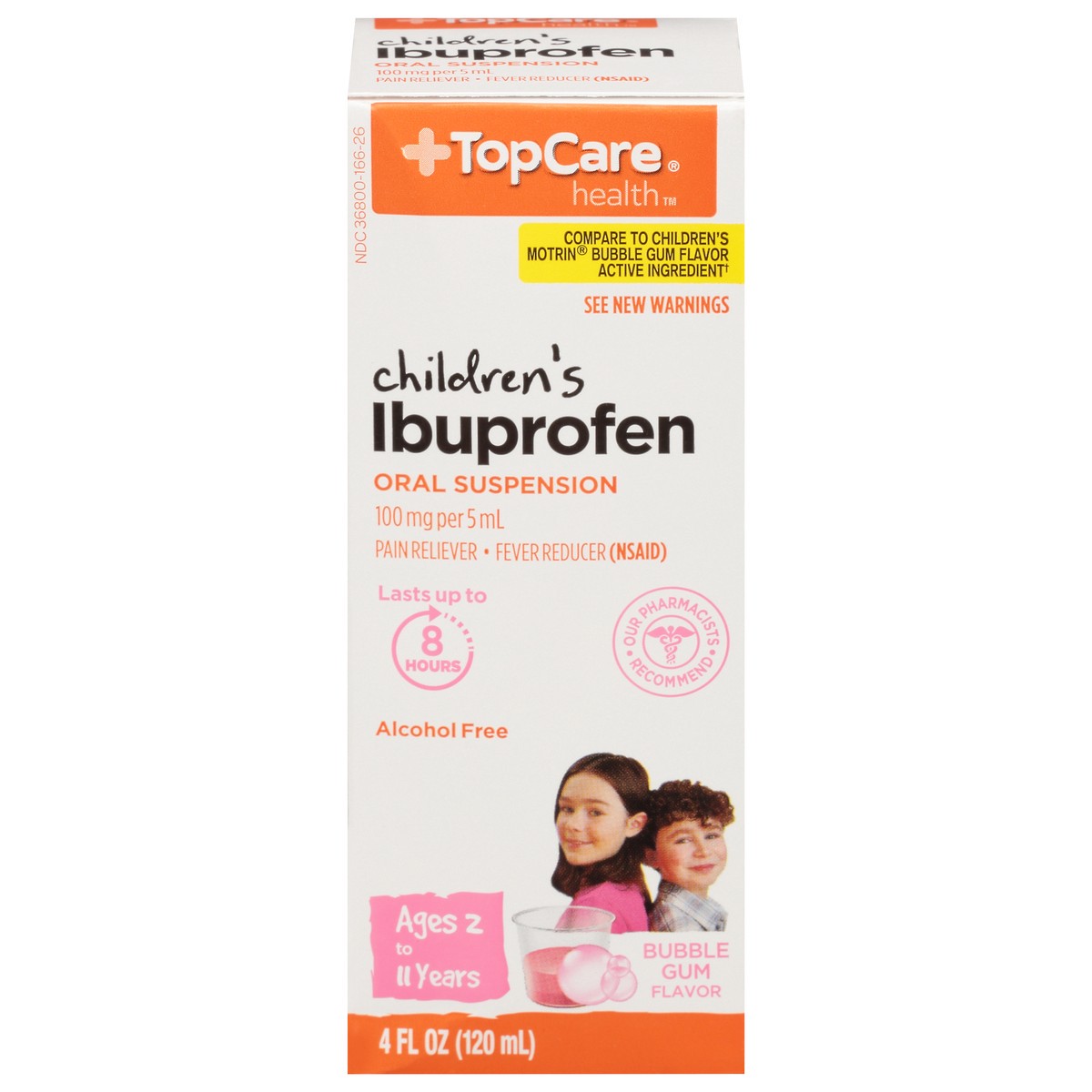 slide 1 of 9, TopCare Health 100 mg Children's Oral Suspension Bubble Gum Flavor Ibuprofen 4 fl oz, 4 fl oz