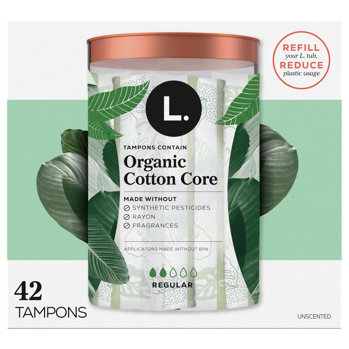 slide 1 of 1, L. Cotton Tampons Regular Absorbency, Contains an Organic Cotton Core, Made Without Synthetic Pesticides, or Fragrances 42 Count, 42 ct