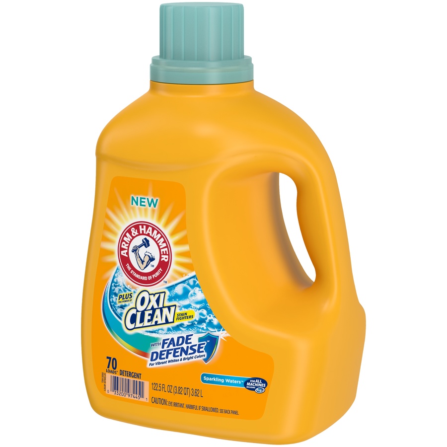 slide 3 of 4, ARM & HAMMER Plus OxiClean Sparkling Waters HE Liquid Laundry Detergent 70 Loads, 122.5 oz