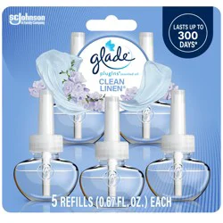 Glade PlugIns Scented Oil 5 Refills, Air Freshener, Clean Linen, Essential Oil Infused Wall Plug In, 3.35 FL OZ, Pack of 5