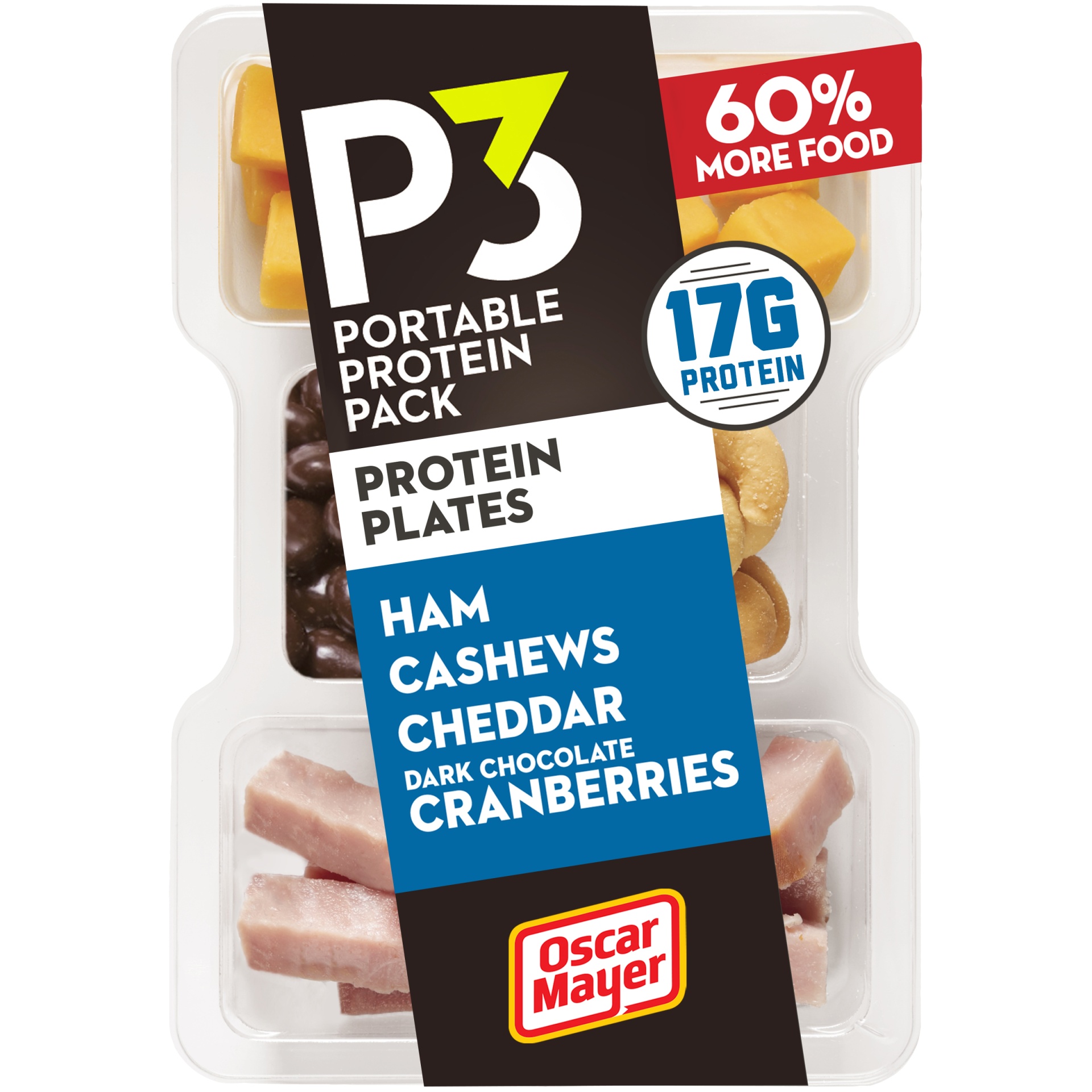 slide 1 of 6, P3 Portable Protein Snack Pack & Protein Plate with Ham, Cashews, Cheddar Cheese & Dark Chocolate Cranberries Tray, 3.2 oz