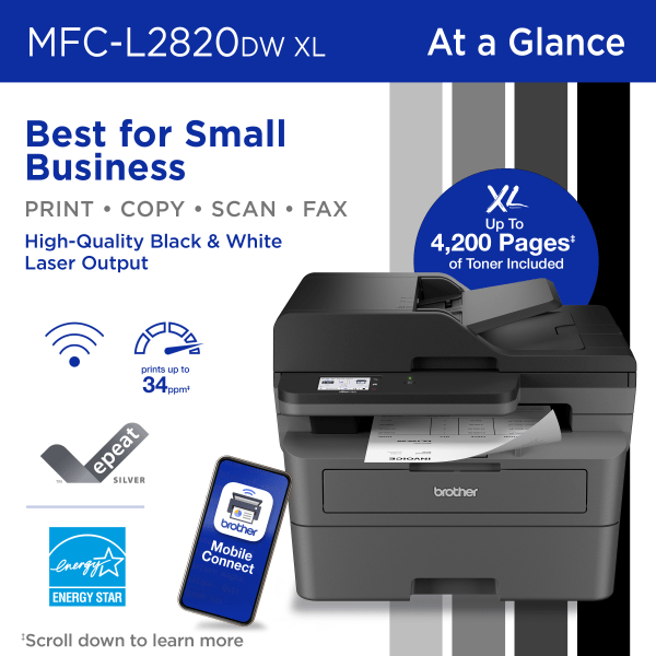slide 8 of 8, Brother Mfc-L2820Dw Xl Wireless Compact Monochrome All-In-One Laser Printer With Up To 4,200 Pages Of Toner Included, 1 ct