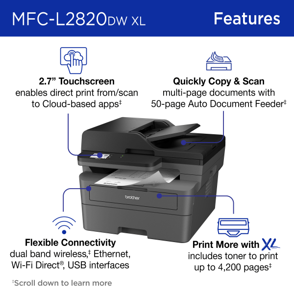 slide 5 of 8, Brother Mfc-L2820Dw Xl Wireless Compact Monochrome All-In-One Laser Printer With Up To 4,200 Pages Of Toner Included, 1 ct