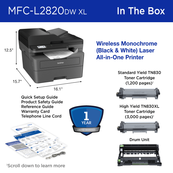 slide 7 of 8, Brother Mfc-L2820Dw Xl Wireless Compact Monochrome All-In-One Laser Printer With Up To 4,200 Pages Of Toner Included, 1 ct