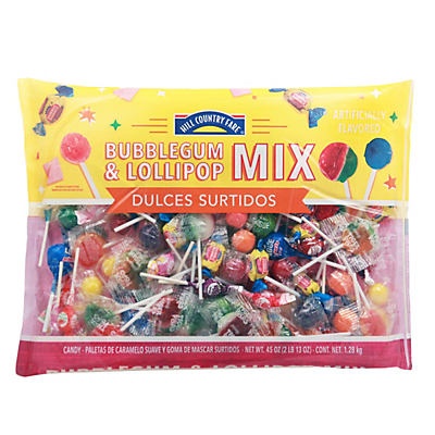 slide 1 of 1, Hill Country Fare Bubble Gum & Lollipops Candy Mix, 45 oz